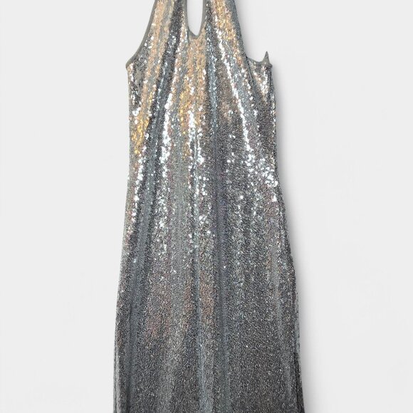 Mango Halterneck Sequin Midi Dress Silver Keyhole Cocktail Event Prom NWT - Picture 5 of 16